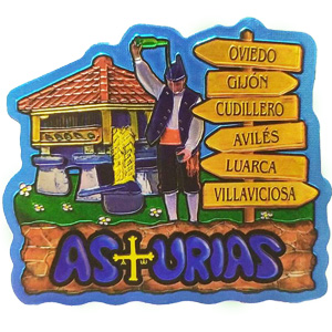 Imagen imán metal asturiano escanciando con hórreo y señales